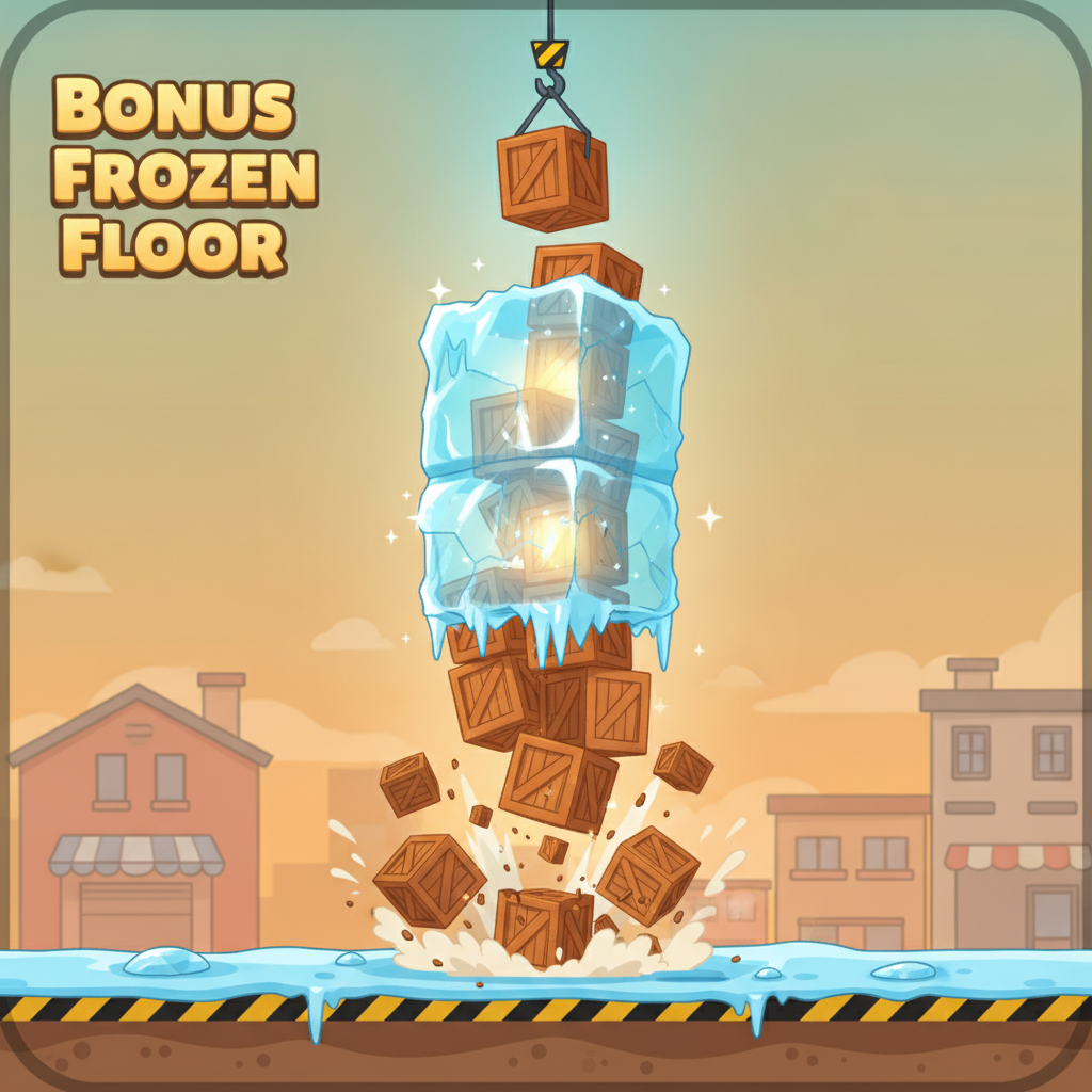 Bonus Frozen Floor de Tower Rush — étage recouvert de glace bleue protégeant les gains même si la tour s'effondre