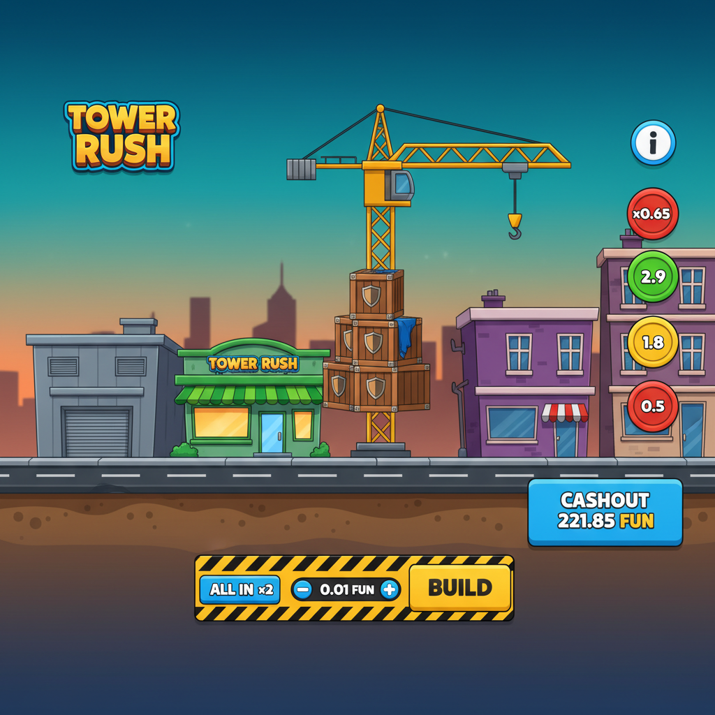 Gameplay Tower Rush montrant la construction d'une tour avec multiplicateurs visibles