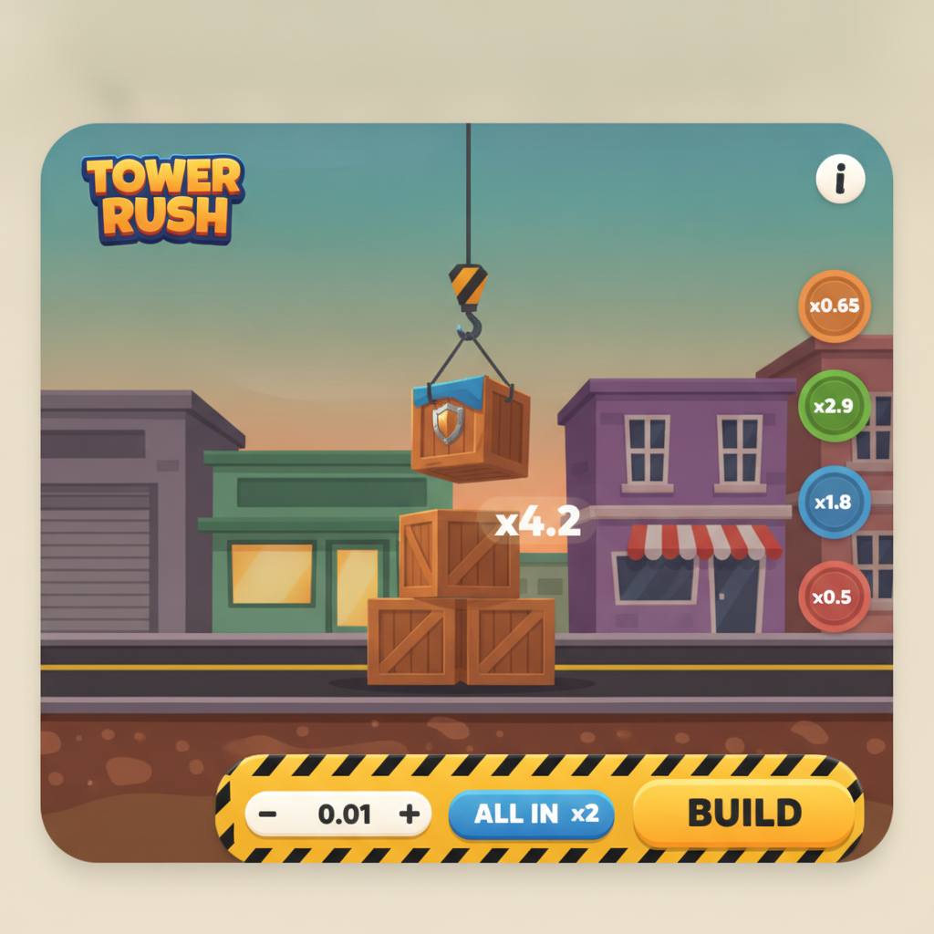 Détail du gameplay Tower Rush — grue positionnant une caisse en bois, multiplicateur actuel affiché, zone de contrôle avec bouton BUILD actif