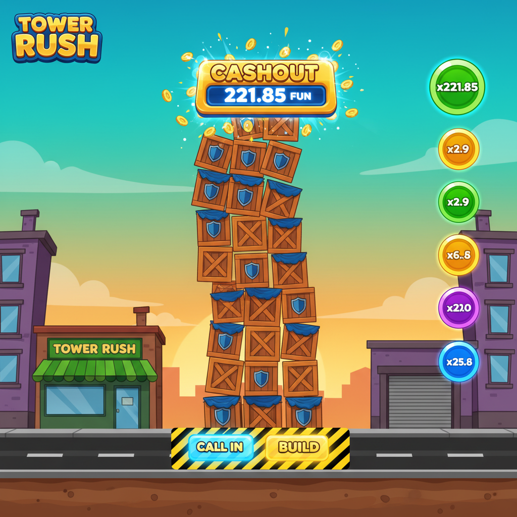 Écran de gros gain et cashout réussi sur Tower Rush avec multiplicateur élevé