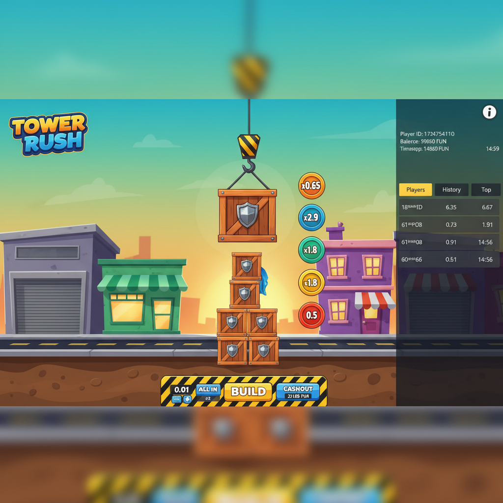 Interface du jeu Tower Rush avec la grue de construction et les étages empilés