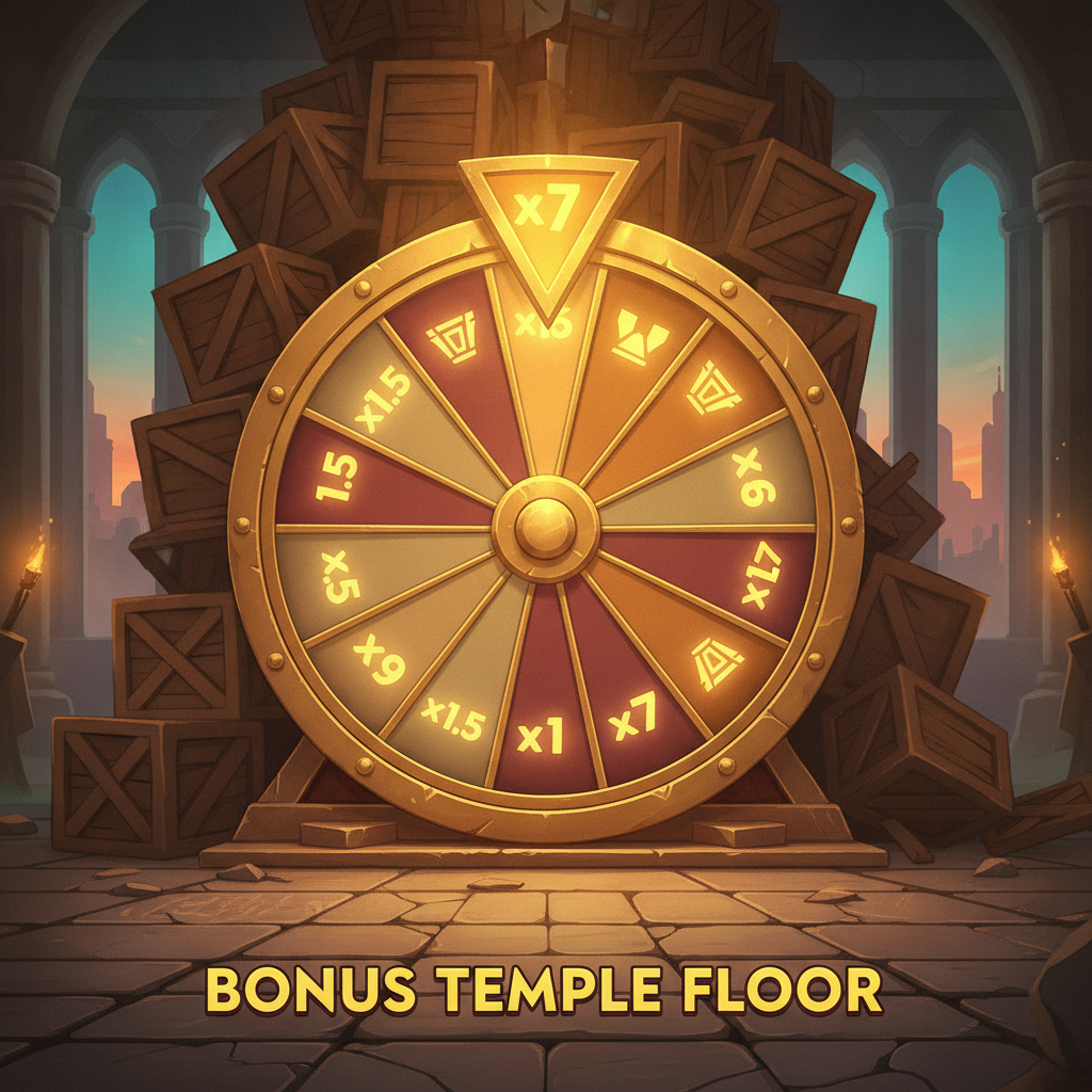 Bonus Temple Floor de Tower Rush — grande roue dorée à 10 sections avec multiplicateurs de x1,5 à x7 prête à tourner