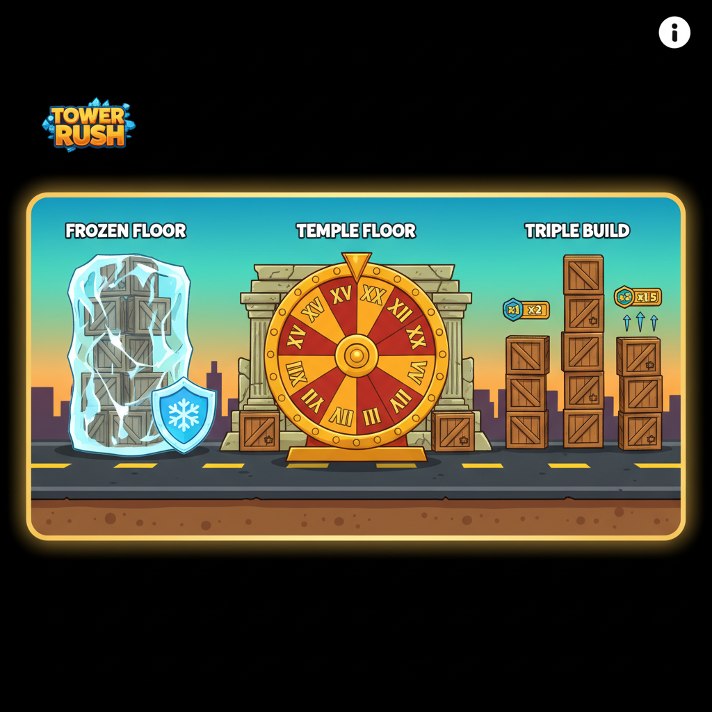 Vue d'ensemble des trois bonus Tower Rush : Frozen Floor, Temple Floor et Triple Build